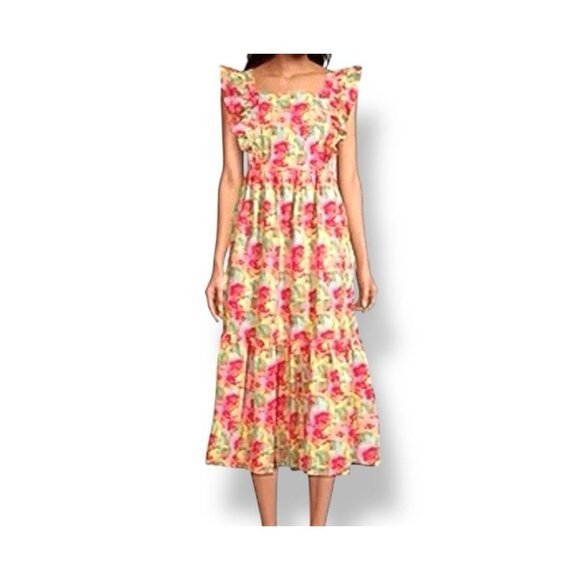 Peyton & Parker Bright Floral Ruffled Smocked Tie Back Maxi Dress Size Large - Picture 1 of 15